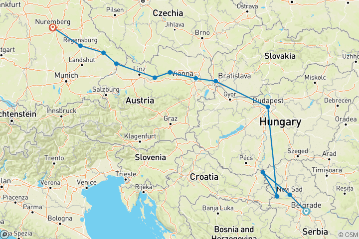 Map of Danube Grandeur (2026) (Belgrade to Nuremberg, 2026)