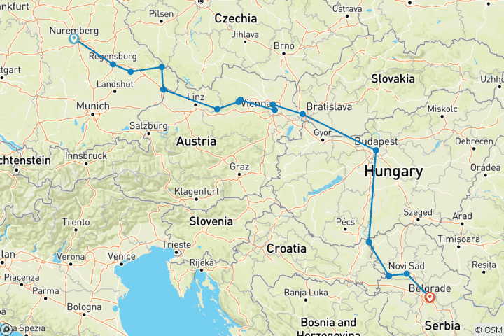 Map of Danube Grandeur (2026) (Nuremberg to Belgrade, 2026)