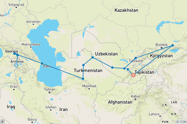 Map of Caspian Odyssey by Private Jet, Luxury Train & Tajikistan – LUXURY RAIL