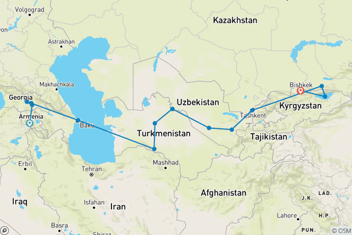 Map of Caspian Odyssey by Private Jet, Luxury Train & Kyrgyzstan – LUXURY RAIL