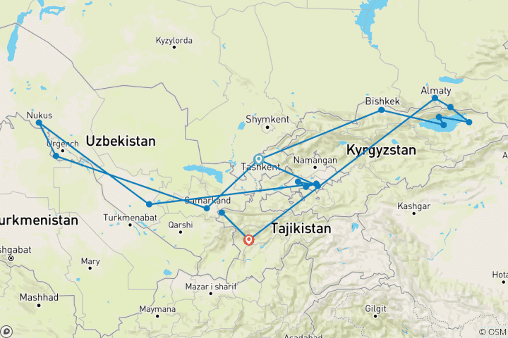 Map of Treasures of Uzbekistan, Kyrgyzstan, Kazakhstan & Tajikistan – LUXURY RAIL