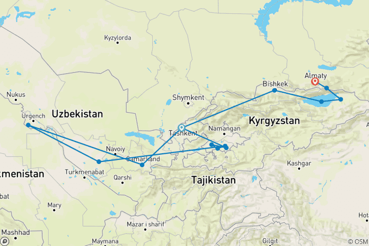 Map of Treasures of Uzbekistan, Kyrgyzstan & Kazakhstan – LUXURY RAIL