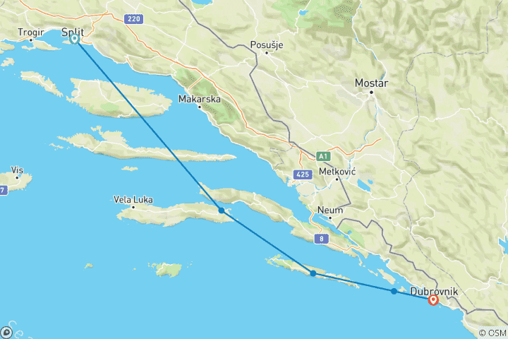 Map of Cruise Split to Dubrovnik Express - 4 days