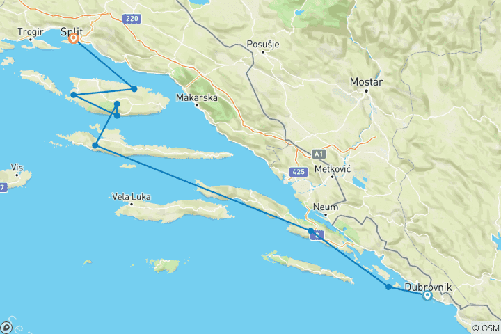 Map of Cruise Dubrovnik to Split Express - 5 days