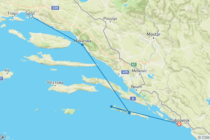 Map of Split to Dubrovnik Mini-Cruise Premium - 3 days