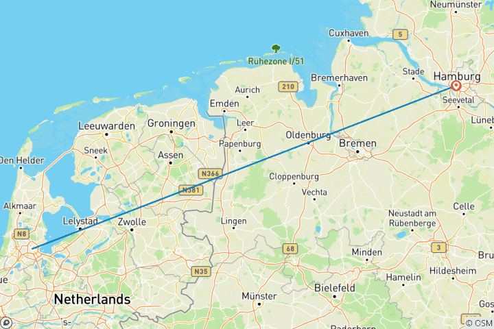 Carte du circuit 7 jours Amsterdam et Hambourg en train