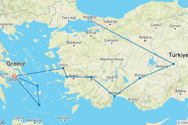 Carte du circuit 15 jours de vacances privées avec les Anges en TURQUIE et en GRÈCE| Deux royaumes, une quête merveilleuse ! (vol Turquie-Grèce inclus)