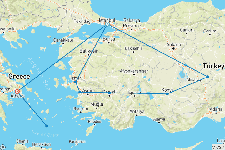 Map of 13-Day Angels Vacations in Turkey&Greece| Two Kingdoms, One Marvelous Quest! (Escorted private tour)