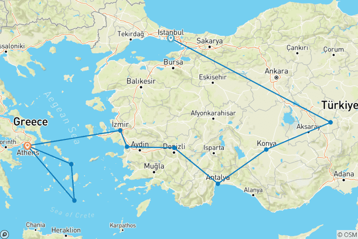 Carte du circuit 15 jours de vacances privées avec les Anges en TURQUIE et en GRÈCE| Deux royaumes, une quête merveilleuse ! (vol Turquie-Grèce inclus)