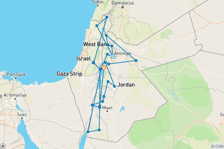 Map of 14 Day Private Jordan Trip & Holiday - 02 Weeks Trip/Tour in Jordan