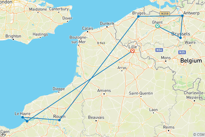 Karte von Belgien und Frankreichs Nordwesten: Kultur, Kulinarik und Küstenzauber