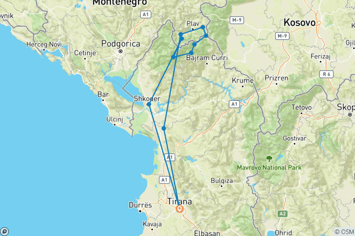 Mapa de Alpes Albaneses - Aventura de senderismo de 8 días