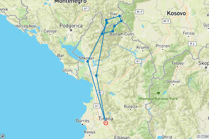 Carte du circuit Alpes albanaises - 8 jours de trekking