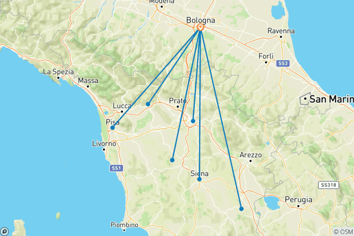 Map of Toscana Leisurely with a Detour to Bologna