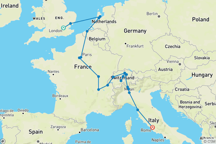 Map of 15-Day Trekking Through the Continent with Rome Tour from London