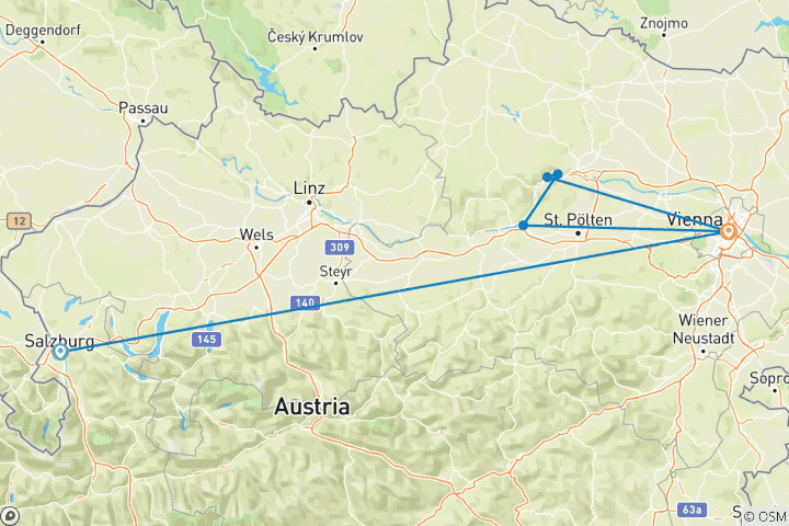 Map of Salzburg, Vienna & Danube Valley - 8 days