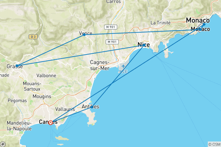 Map of Cannes, Monaco & Cote d'Azur - 8 days