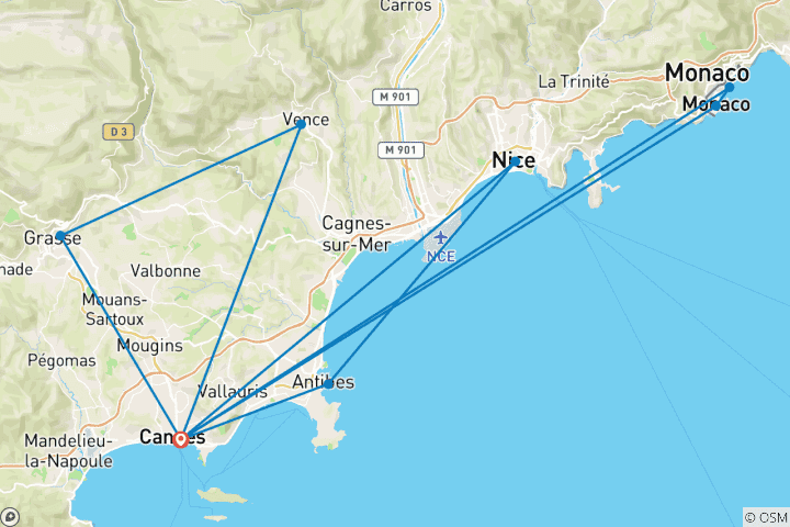 Map of Cannes, Monaco & Cote d'Azur - 8 days