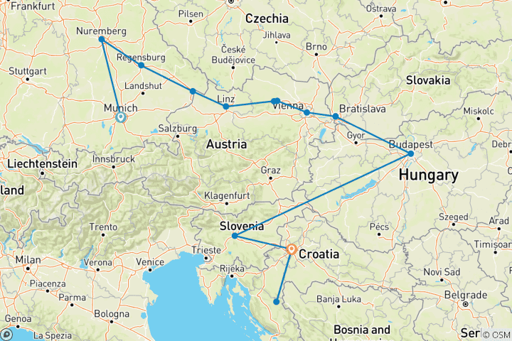 Map of Danube in Depth with Ljubljana & Zagreb 2026 - 14 Days (from Munich to Zagreb)