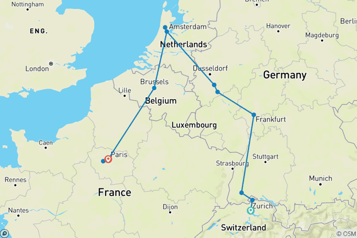 Map of 6-Day Central & Western Europe Explorer: Zurich to Paris