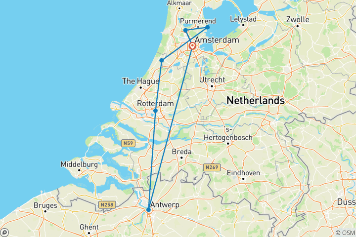 Map of Springtime in Holland (port-to-port cruise) - MONET (7 destinations)