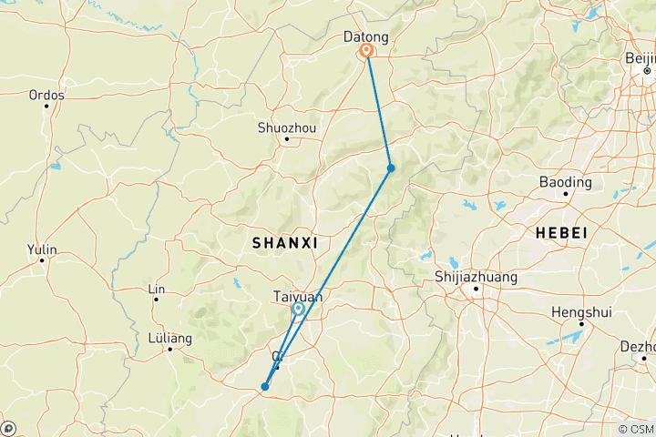 Map of 8 Days Discover Shanxi Buddhist Sites (private guide & driver）