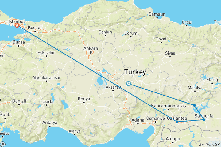 Map of Gobeklitepe and Mt Nemrut Tour (5 destinations)