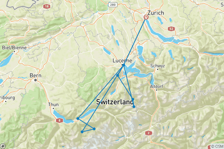 Map of Top of Switzerland Tour from Zurich in 3 days