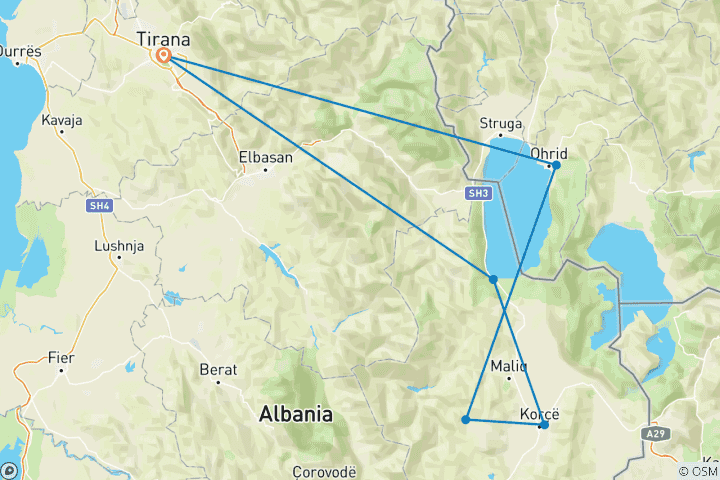 Karte von Albanien & Nordmazedonien: Tirana nach Ohrid