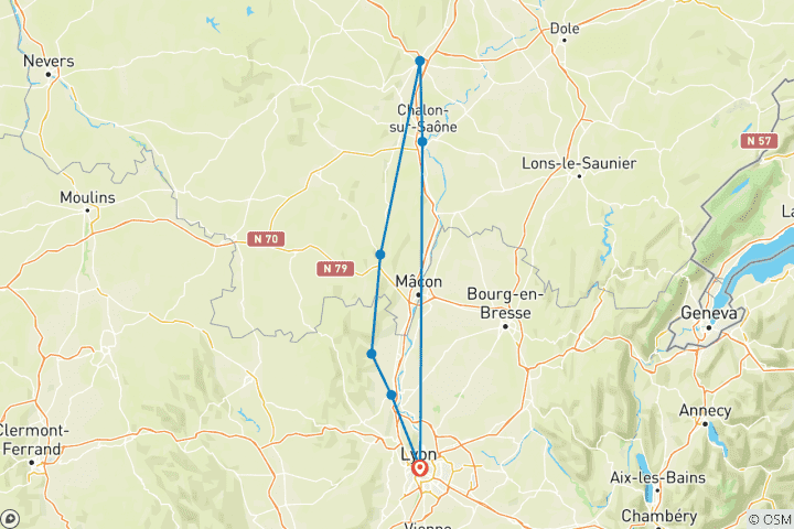 Map of Exceptional Wine Tasting Cruise in Burgundy: Beaujolais Nouveau - MISTRAL