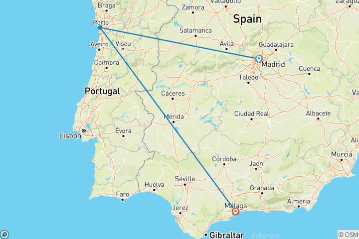 Map of 7 Day Madrid, Porto And Malaga By Train