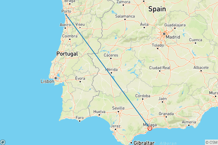 Map of 7 Day Porto And Malaga By Train