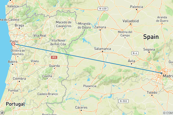 Map of 7 Day Madrid And Porto By Train