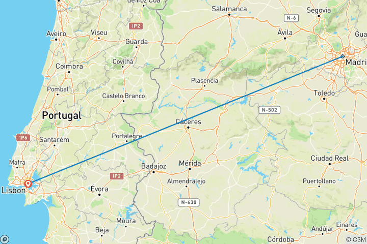 Map of 7 Day Madrid And Lisbon By Train