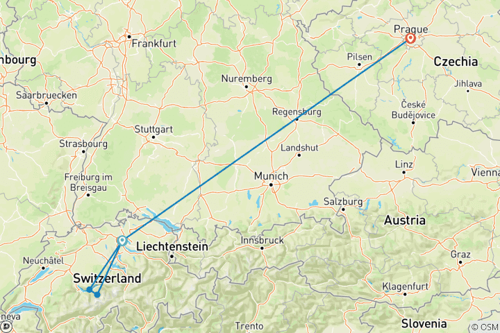 Carte du circuit 7 jours de train entre Zurich et Prague