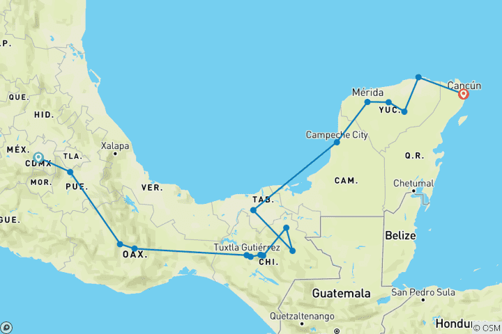 Carte du circuit De Mexico à Cancun (17 destinations)