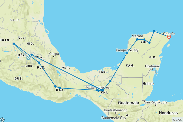 Carte du circuit Racines et itinéraires mexicains