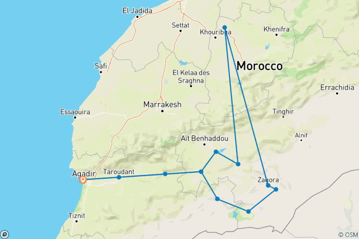 Karte von 4 Tage Wüsten von Agadir zur Erg Chigaga Wüste Privatreisereise