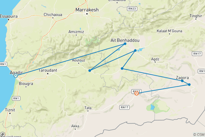 Map of 4-Day Desert Tour From Agadir To Erg Chigaga Desert