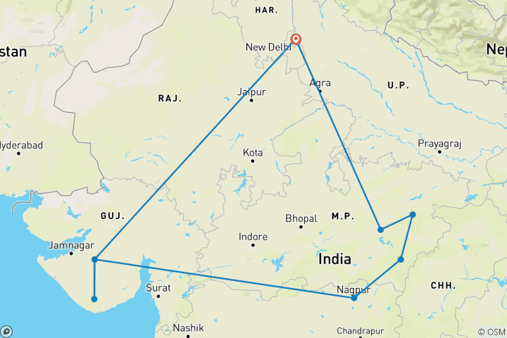 Kaart van Aziatische Leeuwen met Bengaalse Tijgers India Tour