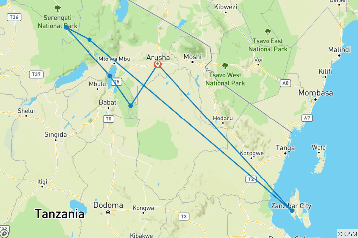 Karte von Exklusives 10 Tage Strand- und Safari-