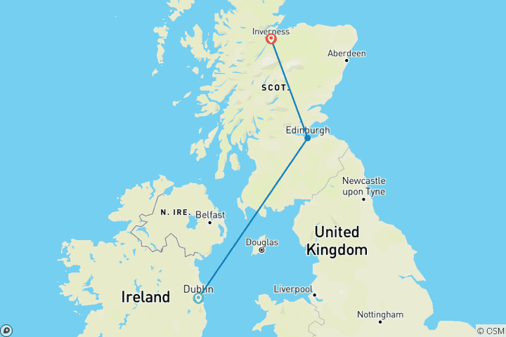 Map of 9 Day Dublin, Edinburgh, and Inverness