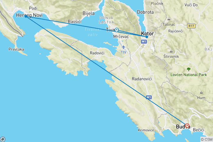 Map of Tivat to Budva