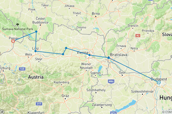 Carte du circuit Début de saison sur le Danube 2026|2025 - 8 jours (from Budapest to Passau)