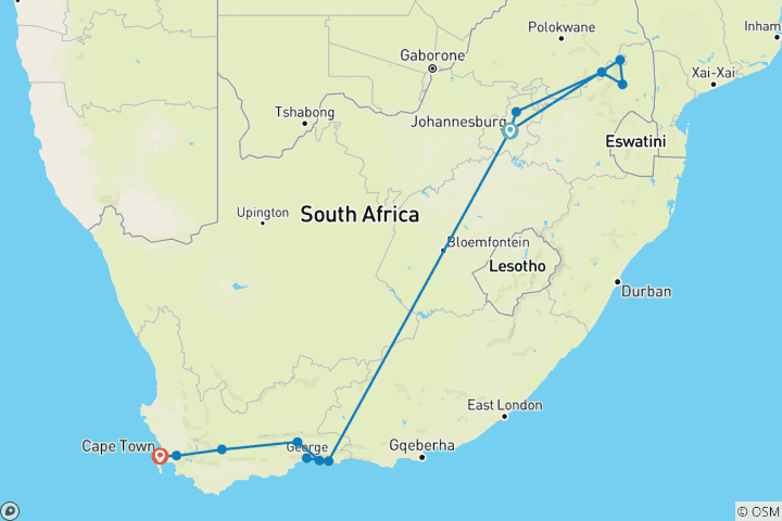 Karte von Kapstadt, Kruger und Garden Route