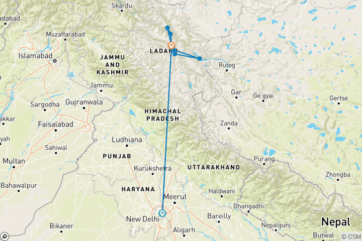 Map of Leh Ladakh Tour Package from Delhi with Flights