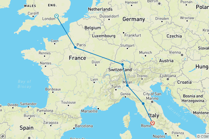 Mapa de 13 Días de Londres a Roma en tren (Londres, París, Zúrich, Milán, Florencia y Roma.)