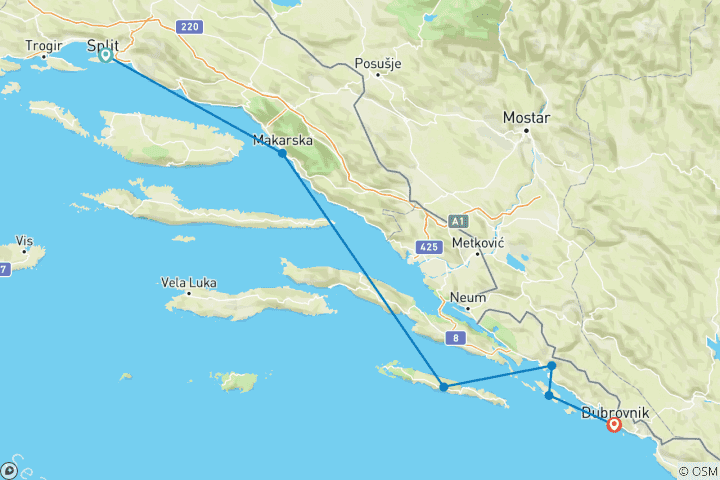 Map of Split to Dubrovnik – 4 day Premium Boat Cruise