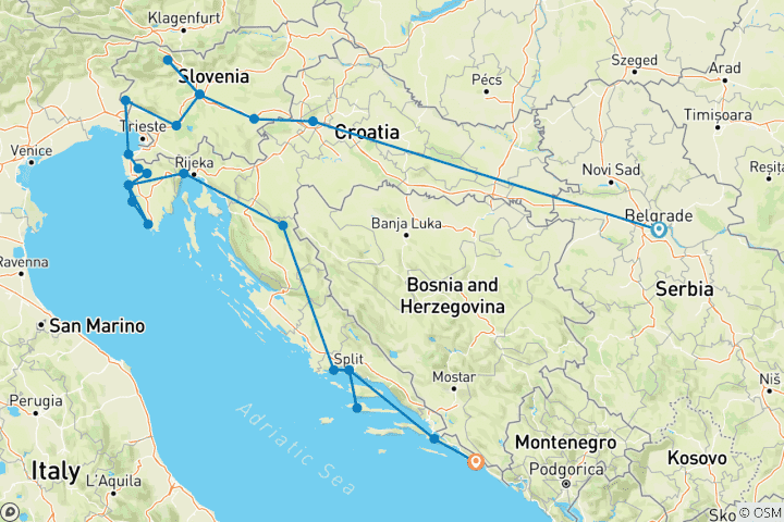 Carte du circuit Privé - Balkans étendus de Belgrade à Dubrovnik