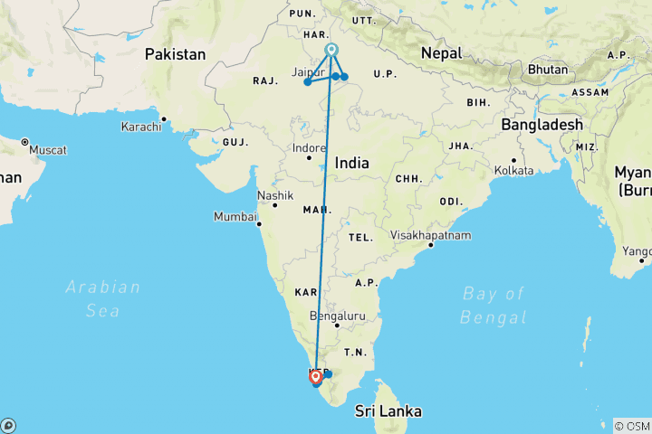 Map of Golden Triangle & Kerala - 15 days